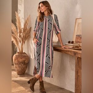 Anthropologie McKenzie Geometric Stripe Midi Dress Boho $150 MSRP small